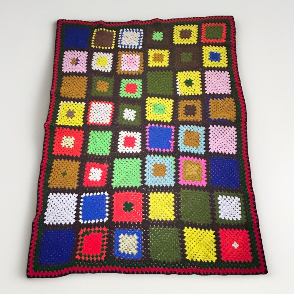Afghan Throw Granny Square Blanket Vintage‎ Handmade Crochet 66x50 Cottagecore